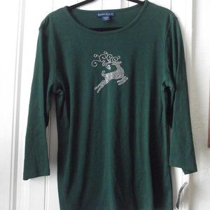 NWT Karen Scott Spruce Night Silver Reindeer Green Top Blouse Pullover T LARGE